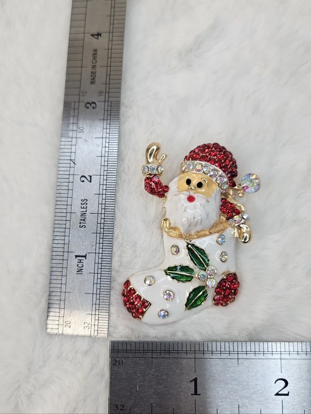 Festive Santa in Stocking Brooch - Red, White, Green